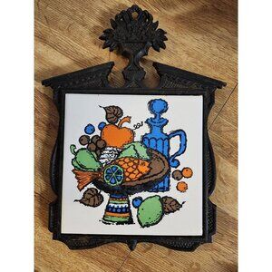 Cast Iron Vintage Trivet Ceramic Tile Hot Plate Home Decor Bright Colors